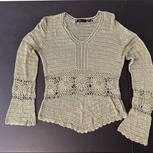 BCBGMaxazria Crochet Open Knit Lace Cover Up Top Bell Sleeves‎ Green XL Beachy